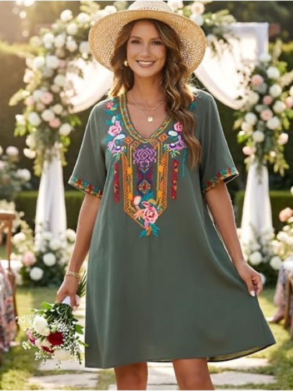 Grossi Green Boho Mexican Embroidered Dress